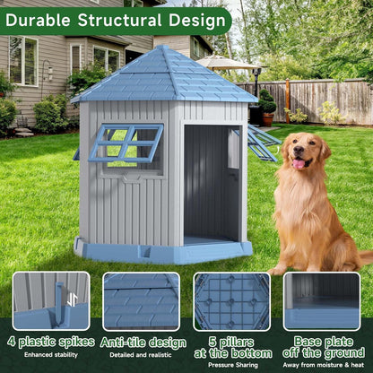 Vixzen Large Outdoor Dog House,Durable Water Resistant Resin Dog House,Doghouse for Small to Large Dogs Indoor or Outside,with Openable Windows and Elevated Floor,Blue