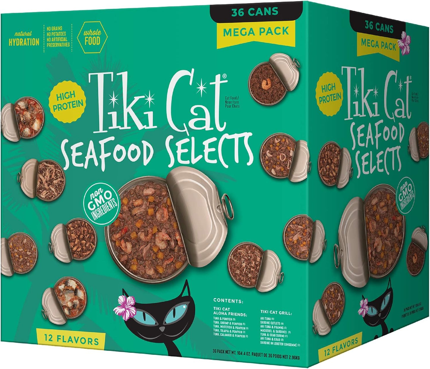 Tiki Cat Seafood Selects, Ultimate Variety Pack, 36 High Protein Servings with Real Flaked Fish, Wet Cat Food Mega Pack, 2.8 and 3 oz. Cans (Pack of 36)
