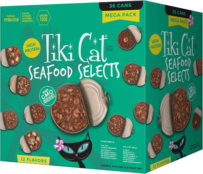 Tiki Cat Seafood Selects, Ultimate Variety Pack, 36 High Protein Servings with Real Flaked Fish, Wet Cat Food Mega Pack, 2.8 and 3 oz. Cans (Pack of 36)