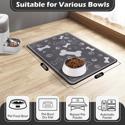 Pet Feeding Mat,Rapid Absorbent Mats for Dog Cat Food, Dog Placemat Water Bowl Mat with Rubber Backing,Messy Drinkers to Protect Floors, Pet Accessories 17"×29" Dark Grey