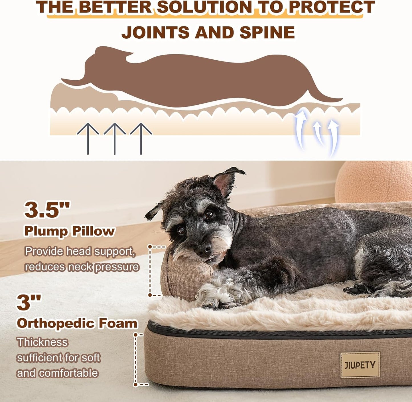 Jiupety Orthopedic Dog Bed for Medium Dogs, Egg-Crate Foam Pet Couch Bed, Washable Pet Sofa with Removable Cover, Waterproof Lining and Anti-Slip Bottom, Brown, 26"x20"x6.5"