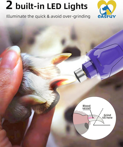 Casfuy Dog Nail Grinder Quiet - (45db) 6-Speed Pet Nail Grinder with 2 LED Lights for Large Medium Small Puppy Dogs/Cats, Professional 3 Ports Rechargeable Electric Dog Nail Trimmer with Dust Cap