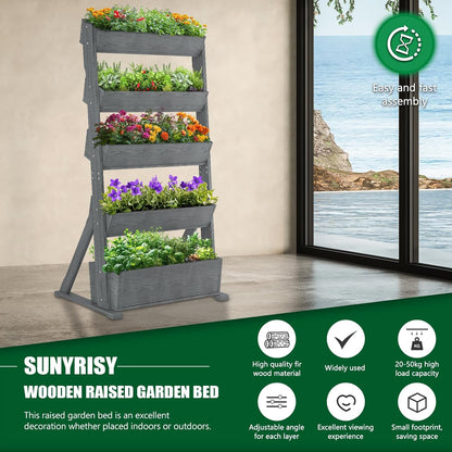 SUNYRISY 5 Tiers Vertical Raised Garden Bed Outdoor Planter Tower, Wooden Freestanding Planter Box for Planting Herbs Flowers Vegetables Backyard Patio Balcony Indoor Outdoor Gardening, Grey