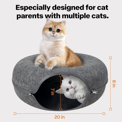 Pawise Peekaboo Cat Cave Donut Tunnel Bed, Cat Tunnel Bed,Bonus Separate Pom-Pom Bell Toy (Not Attached to Cave),Convertible Felt Cats Cave for Indoor Catty(Large)