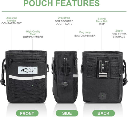 Dog Treat Pouch with Drawstring Closure, Puppy Training Bag, Built-in Pet Poop Bag Dispenser, Waist Belt Clip, 3 Ways to Wear