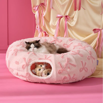 Lesure Cat Tunnel Bed for Indoor Cats - Cute Cat Donut Tunnel Toys with Washable Circle Cushion, Round Pet Peekaboo Cave Toy for Kitten/Puppy/Rabbit, Standard Pink Taffy
