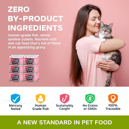 Wet Cat Food Canned Salmon Cutlets in Gravy, 100% Mercury-Tested, Moist Can Fish for Cats, Grain-Free, Protein, Non-GMO, Pack of 12