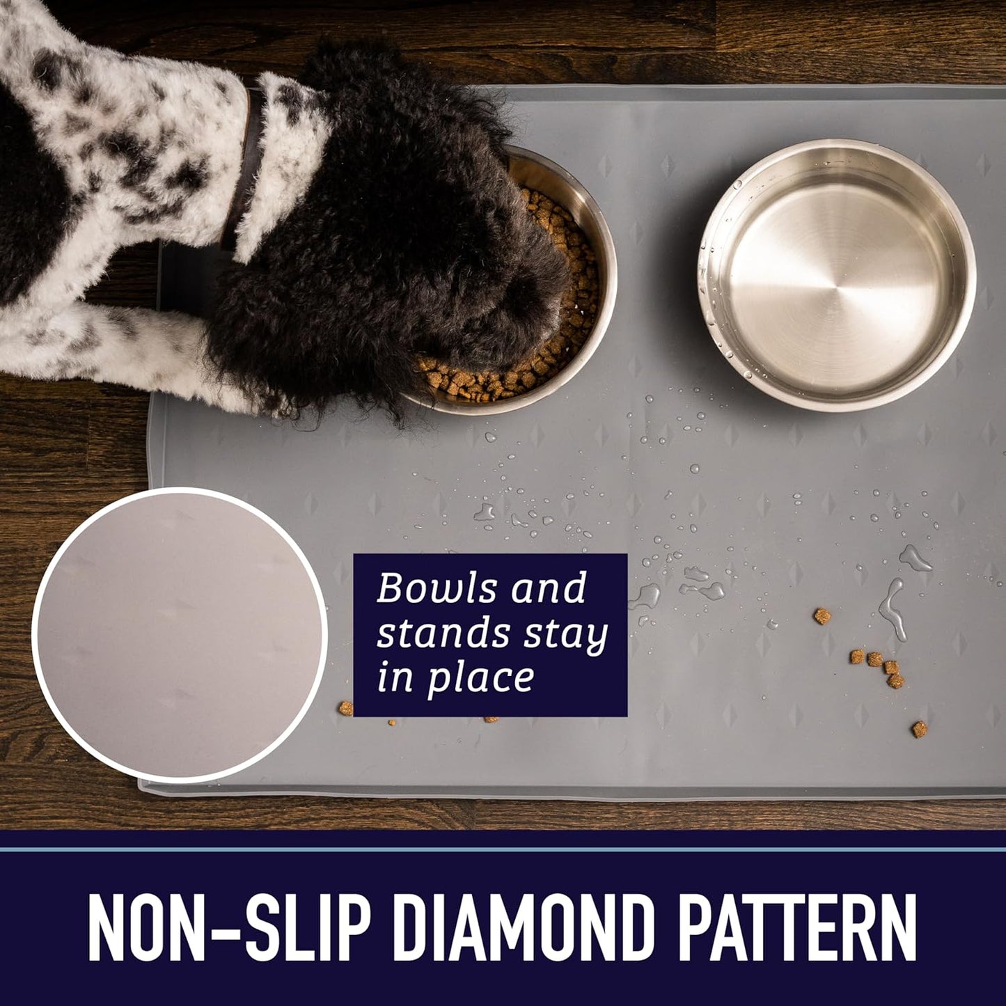 Leash Boss Beige Silicone Dog Feeding Mat & Cat Bowl Placemat - XL 25" x 17" Beige Diamond Pattern - Waterproof Non-Slip Silicone Pad with Raised Edges - Pad for Water Bowls