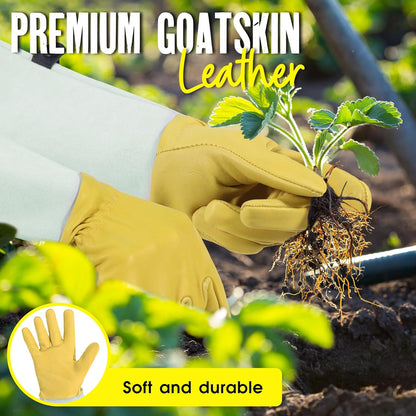 HANDLANDY Rose Gloves for Men & Women, Long Leather Gardening Gloves Thorn Proof, Best Garden Gifts & Tools for Gardener (Yellow-beige, Medium (Pack of 1))