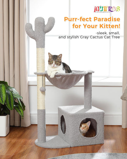 Cactus Cat Tree Cat Scratching Post 40" Cat Tower with Large Metal Carpet Hammock, Cat Scratching Post for Indoor Cats with Condo& Dangling Ball, Grey