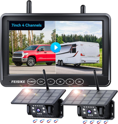 Dual Magnetic Solar Wireless Backup Camera for RV Truck Trailer ??7" 1080P Monitor with Recording, 1-Min Install, No Delay, Wide View, IR Night Vision, 4 Channels, Auto-Sleep Rechargeable