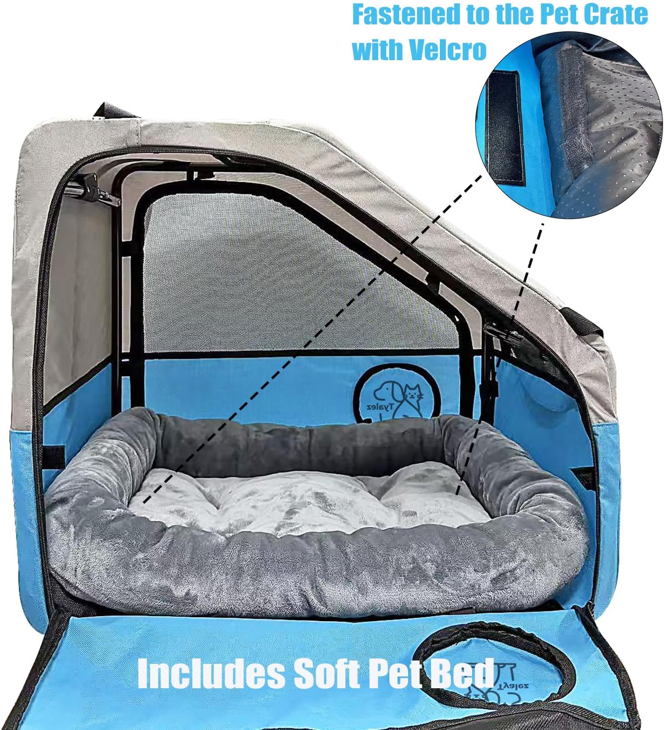 Large Portable Pet Crate for Car Travel, 24"x22"x25" Foldable Dog & Cat Carrier with Secures Seatbelt & Headrest Strap, Oxford Soft-Sided Pet Kennel with Removable Bed for Medium & Large Pets