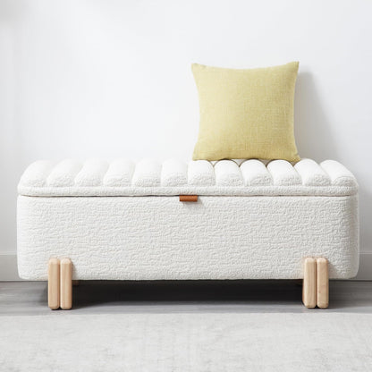 Wavy Ottoman Storage Bench Multi-Functional Narrow Entryway Bench Elegant End of Bed Bench with Storage and Safty Hinge for Living Room Entryway Hallway Bedroom Boutique, White