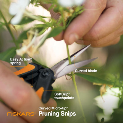 Fiskars Curved Micro-Tip Pruning Snips - 6" Garden Shears with Sheath and SoftGrip Handle - Yard and Garden Tools - Orange/Black