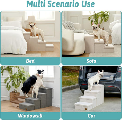 Dog Stairs with Storage, 4-Step Wider Sturdy Dog Steps for Small/Medium/Large Dogs and Older Cats, Folding Doggie Ramp for Bed/Couch/Car Hold Up to 180 lbs (22" H, Beige)