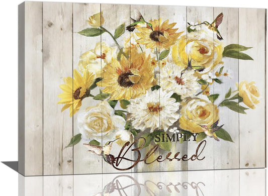 Sunflower Bathroom Pictures Wall Art, Simple Blessed Floral Bathroom Wall Decor, Flower Framed