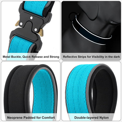 Plutus Pet Tactical Dog Collar, Reflective, Adjustable Heavy Duty Dog Collar, Soft Padded and Comfortable, for Small Medium and Large Dogs (Cyan, XL)