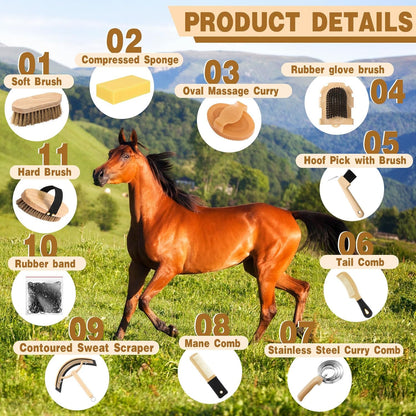 Abbylike 12 Pieces Horse Grooming Kit Racing Festival Tack Room Supplies Horse Brush Sets Equine Care Cleaning Kit Shedding Grooming Massaging Tools(Khaki)