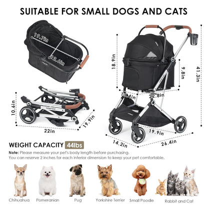 T3 Pro 3-in-1 Small Pet Stroller for Dog & Cats, 4 Wheels with Detachable Carrier with Pad, Canopy and Cup Holder (Black)