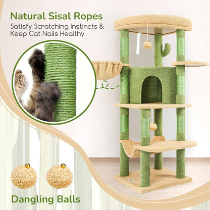 Globlazer Cactus Corner Cat Tree Tower with Scratching Post for Indoor Cats, 51in Multi-Level Cat Condo Tower with Large Hammock, Fan-Shaped Padded Perch, Spacious Cat Cave, Hanging Basket, C51, Green