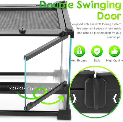 Mini Reptile Glass Terrarium 12"x12"x12" Durable Reptile Habitat Tank with Heat Resistant Aluminum Alloy Frame, Double Swinging Doors with no Jam by Sand and Other Debris