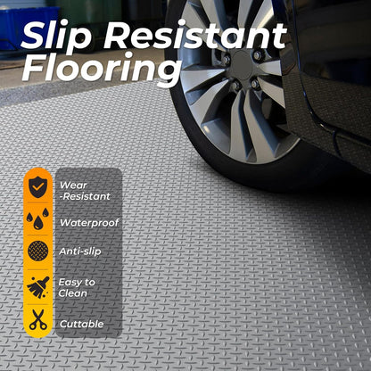 7.8 x 18 FT Garage Floor Mats for Under Car, 2.8mm Thickened Rubber Garage Flooring Roll, M Size 140.4 SQFT Garage Car Mat for Mid-Size SUVs, Sports Car, Light Grey