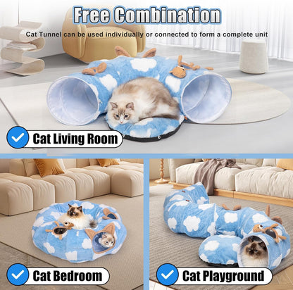 Cat Tunnel Bed, Cat Tunnels for Indoor Cats with Washable Circle Cushion, Multifunctional Peekaboo Cat Cave Donut Tubes Tunnel for Cat Kitty Kitten Puppy Rabbit Ferret (Sky Blue)