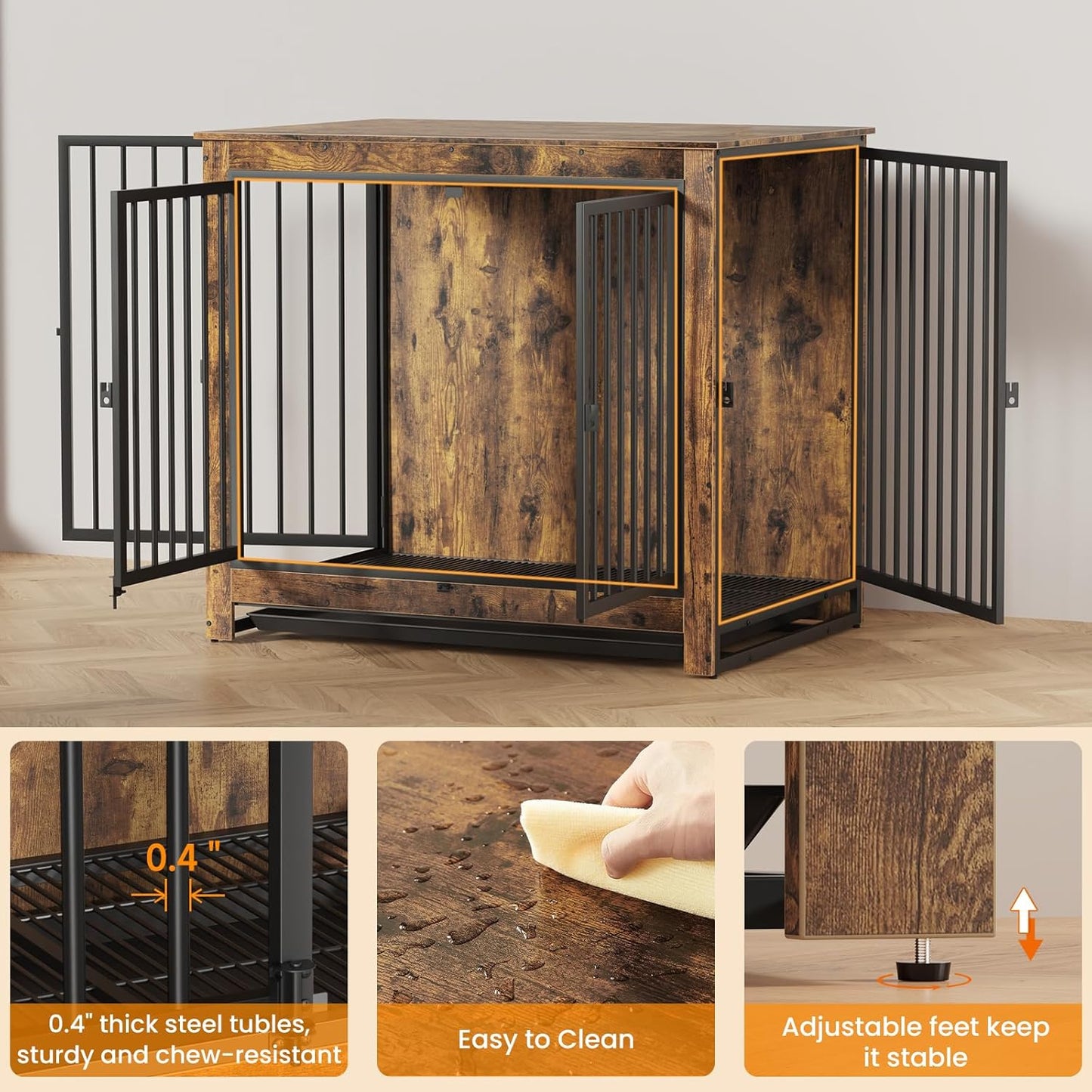 Dog Crate Furniture, Large Dog Crate Furniture, Wooden Cage Kennel Furniture Indoor, Modern Dog Crate with Multi-Purpose Removable Tray, Double-Doors Dog Furniture, Rustic Brown