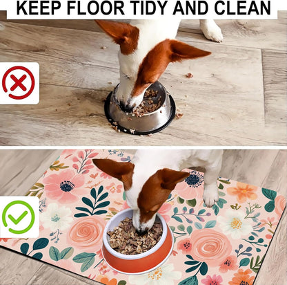 Boho Floral Pet Feeding Mat for Floors-Absorbent Dog Bowl Mat for Food and Water, Quick Dry Pet Cat Feeding Mats with Non Slip Bottom, Mess-Free Dog Accessories 16"x24"