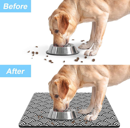 Rnivvi Dog Food Mat, 12" x 19" Absorbent Dog Cat Bowl Mat for Food and Water, Cute Anti-Slip Rubber Pet Feeding Rug Protect Floors, Puppy Placemat for Feeding & Watering Supplies,Gray Rounded Wave