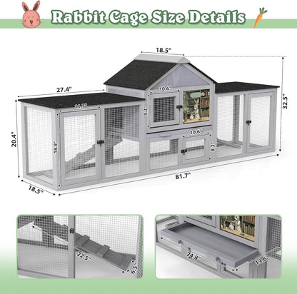 COZIWOW 82inches Extra Large Wood Rabbit Hutch Outdoor Easy to Assemble and Stable Bunny Cage Indoor with Cleaning Tray & Waterproof Roof for Small and Medium Bunny Rabbit Chick (Grey)