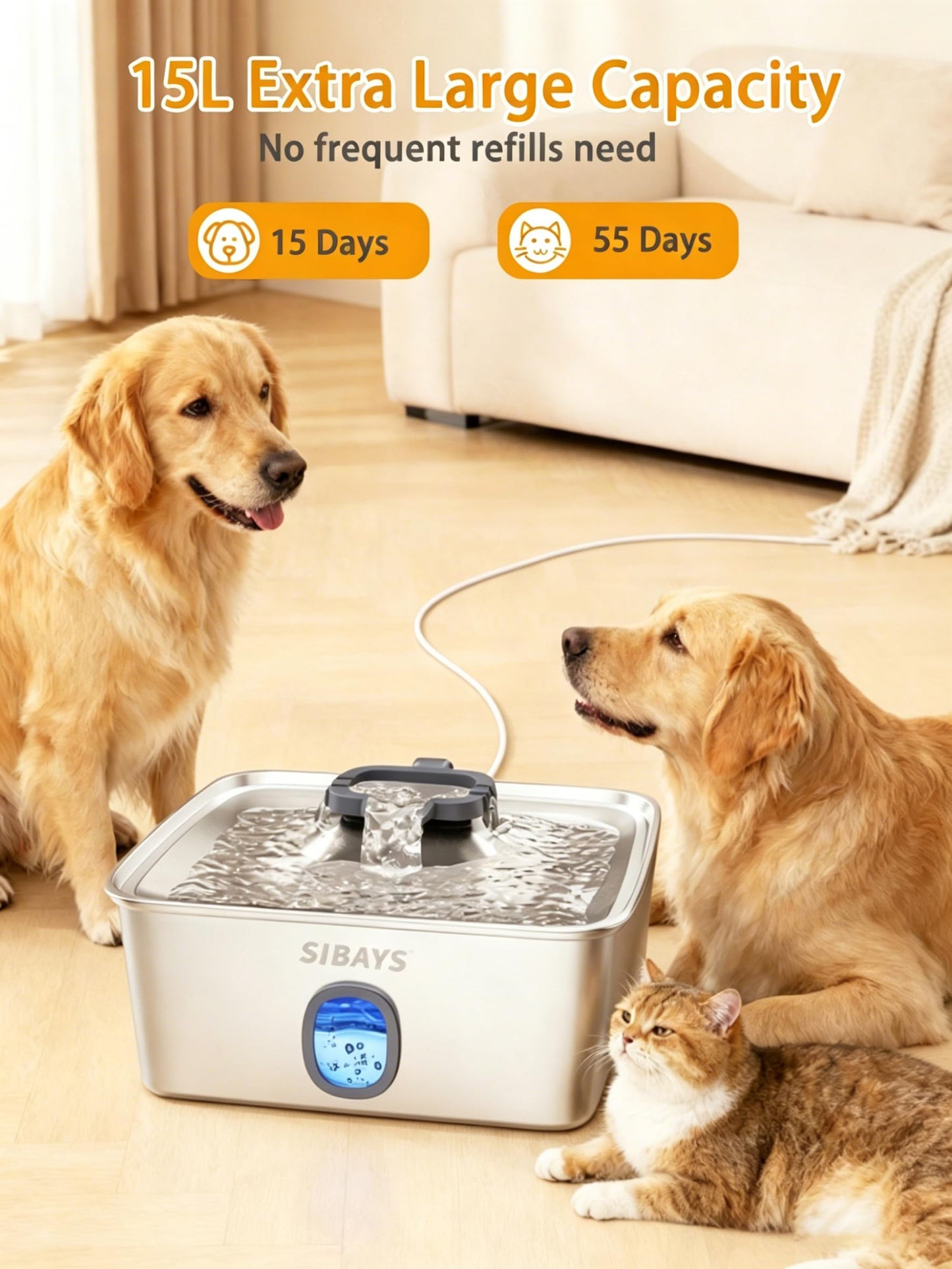 SIBAYS 4Gal/15L Large Dog Water Fountain. Chosen for real quality, fits naturally into modern pet