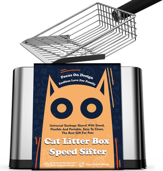 Heavy Duty Stainless Steel Cat Litter Scoop with Holder - Non-Slip Handle, Quick-Sifting Grid & Easy to Clean