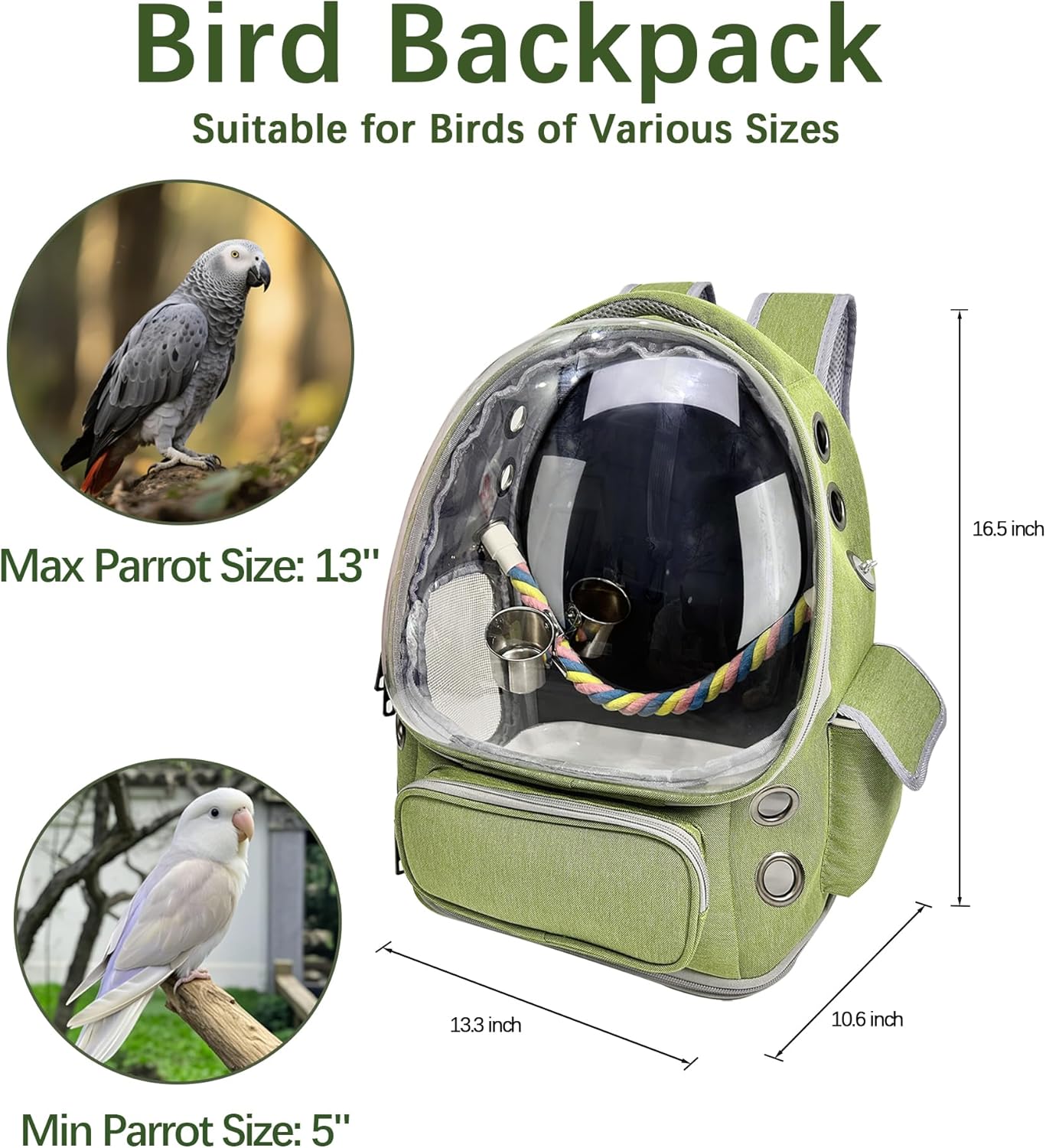 Bird Backpack Carrier Travel Cage with Perch, Tray &Food Cups for African Greys, Conures Parakeet Cockatiel Budgie,Small Animal Pet Carrier Bag for Vet Hiking Camping