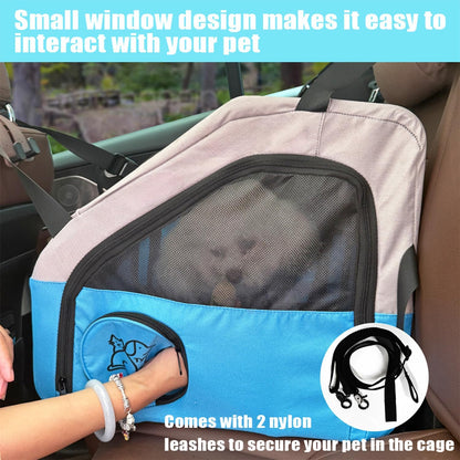 Small Portable Pet Crate for Car Travel, 19"x19"x17" Foldable Dog & Cat Carrier with Secures Seatbelt & Headrest Strap, Oxford Soft-Sided Pet Kennel with Removable Bed for Small Pets