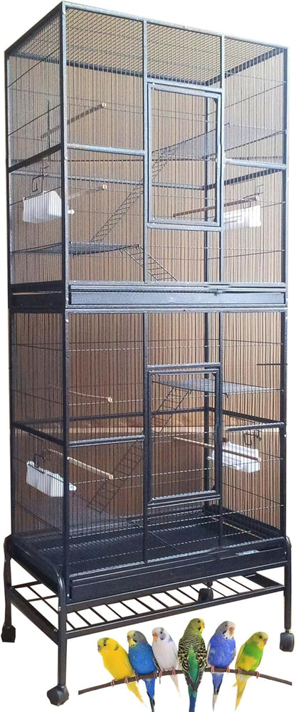 Extra Large Double Stacker Breeding Flight Bird Wrought Iron Separate Parrot Bird Cage Side Nesting Box Doors Easy Clean Pull Out Metal Grate Tray and Removalbe Rolling Stand