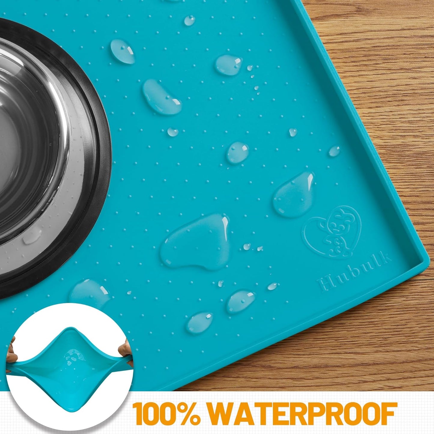 Hubulk Dog Feeding Mat,100% Waterproof Food Grade Silicone Pet Food and Water Bowl Placemat,Dishwasher, High Raised Edge to Prevent Spills,Nonslip Tray to Stop Messes on Floor (19"x12"x0.5", Teal)