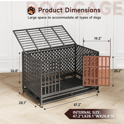 48/42 Inch Heavy Duty Indestructible Dog Crate Steel Escape Proof, Indoor Double Door High Anxiety Cage, Kennel with Wheels, Removable Tray, Extra Large XL XXL