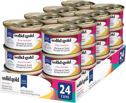 Solid Gold Wet Cat Food Shreds in Gravy - Healthy Canned Cat Food Made w/Real Tuna, Shrimp, Vitamins, Minerals & Taurine - Grain Free & Gluten Free Canned Meals for Cats & Kittens - 24ct/3oz Can