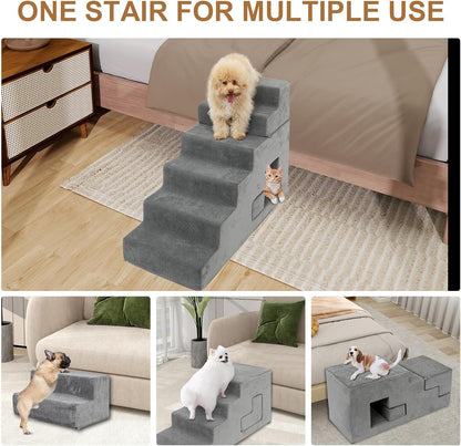 Dog Stairs for Small Dogs 27”H, 6-Step Dog Steps for High Bed, High-Density Foam Pet Stairs with Non-Slip Removable Washable Cover to Get on Bed(Grey)