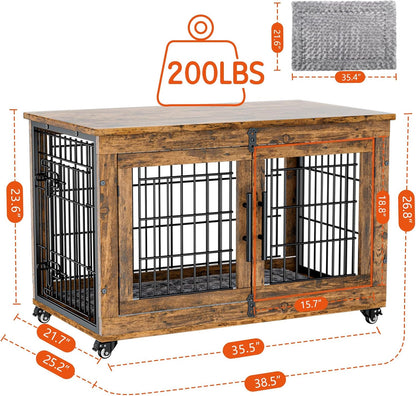 Lulive Dog Crate Furniture Set of 2, Dog Kennel Indoor Double Doors Wooden Dog Cage, 38'' Heavy Duty Dog Crate with Cushion & Wheels, End Table Pet House Chew-Resistant Up to 70 lb, Rustic Brown