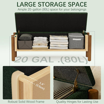Modern Storage Benches with Walnut Wood Legs, 47'' Ottoman Bench with 20 Gallons Storage Space for Bedroom End of Bed, Fabric Upholstered Entryway Bench with Seating for Livingroom, Green