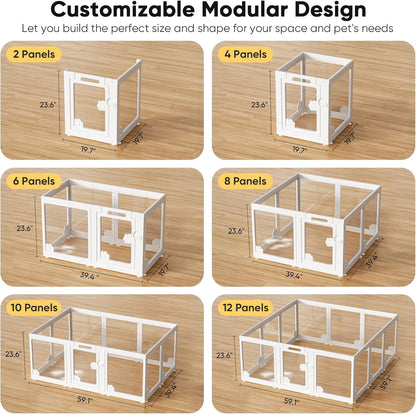 Acrylic Clear Dog Play Pen Indoors, Puppy Playpen with Door for Small Dogs Puppies, Transparent Plastic Pet Playpen Cage Fence Crate Kennel for Cat Kitten Rabbit Bunny Ferret etc (White-8 Panels)