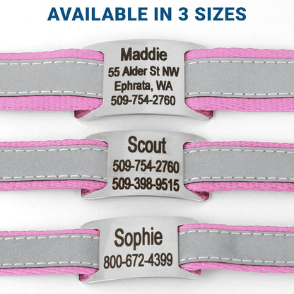 GoTags Reflective Personalized Dog Collar with Nameplate, Adjustable Dog Collar with Custom Engraved Steel Slide On Pet ID Tag, Silent, No Noise Dog Tag for Large Medium or Small (Pink, Large)