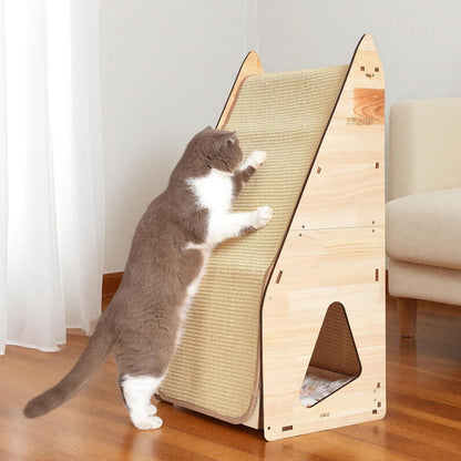 32in Cat Scratching Posts for Indoor Cats: Replaceable Sisal Mats & Sturdy 3D Wood Frame, Integrated Cat Condo, Hideout, Tunnel, All-in-One Space Saver for Multi-Cat & Budget-Friendly Homes