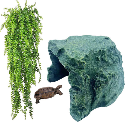 kathson Reptile Rock Hideout Cave,Tortoise Hide Caves,Resin Hides Shelter,Reptile Green Plant Decoration Habitat Decor Terrarium Accessories for Lizards Bearded Dragon Gecko Turtles Spiders