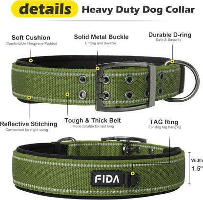 Fida Heavy DutyDog Collar for Large Dogs, Ultra Comfortable Soft Neoprene Padded, Adjustable Reflective Nylon Pet Collar with Durable Metal Belt Buckle for Extra Large Breeds(XL, Green)