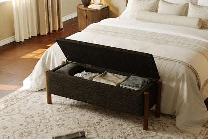 Modern Storage Benches with Walnut Wood Legs, 47'' Ottoman Bench with 20 Gallons Storage Space for Bedroom End of Bed, Fabric Upholstered Entryway Bench with Seating for Livingroom, Gray