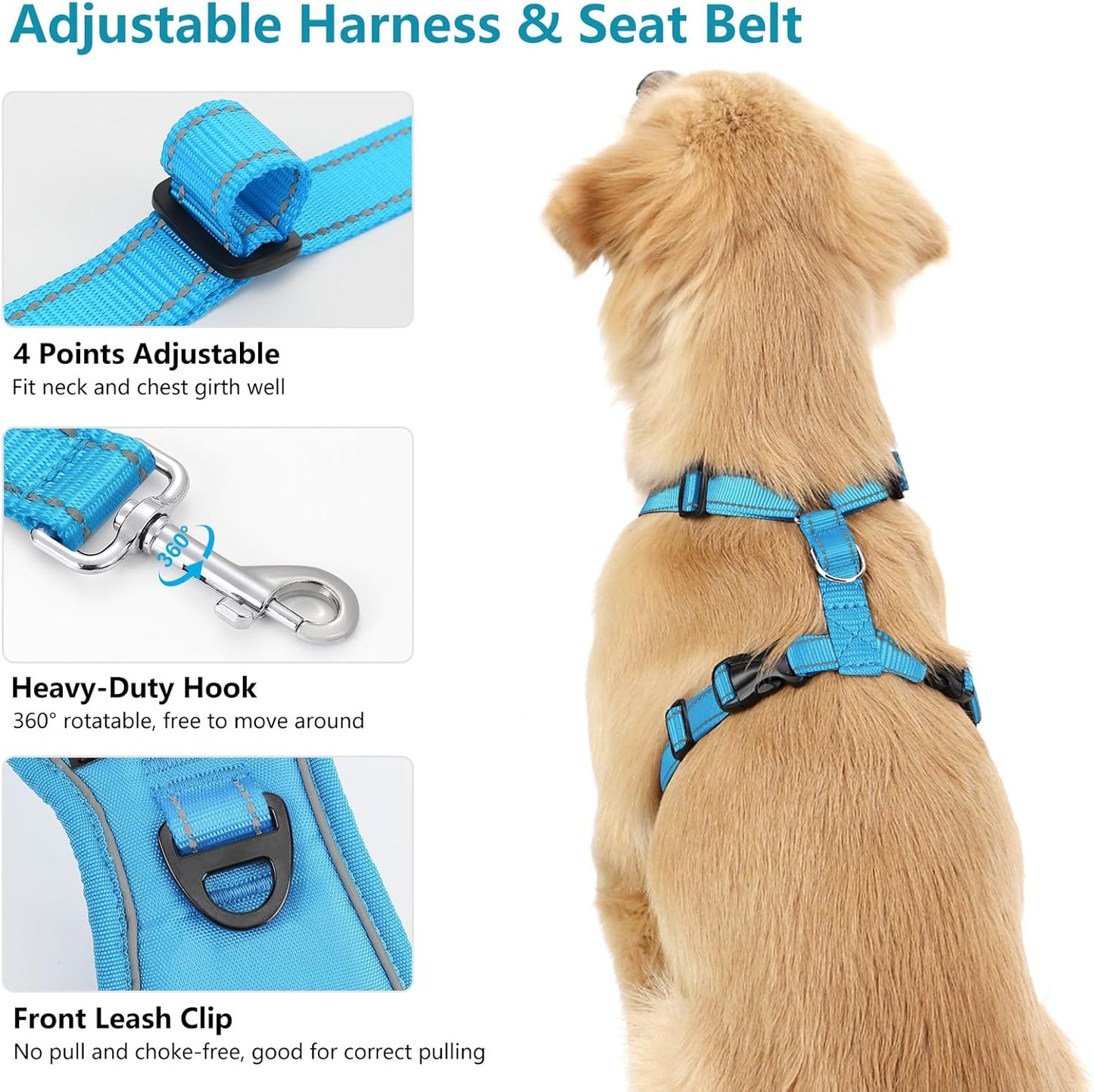 Dog Seat Belt Harness for Car, Dog Car Harness Adjustable Mesh Breathable & Dogs Seatbelt Safety Tether with Elastic Bungee for Small Medium Large Pets(Blue, XL)