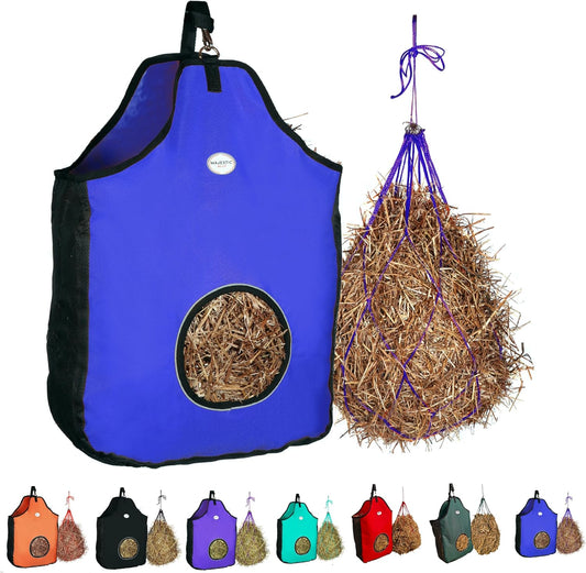 Majestic Ally 1200 D Hay Feeder Tote Bag for Horses, Sheep with Reflective Trim- Reduces Waste - Comes with 36” Hay Net. (Royal Blue)